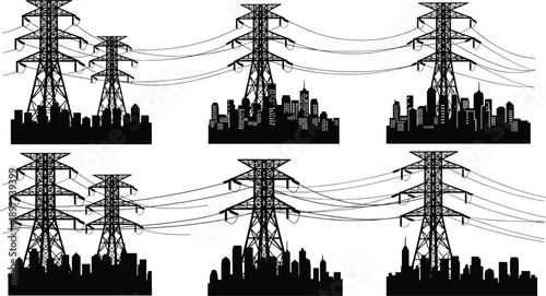 Electric power transmission towers, city skyline silhouette, urban electricity grid, high voltage pylons, energy infrastructure illustration, black and white power line landscape vector