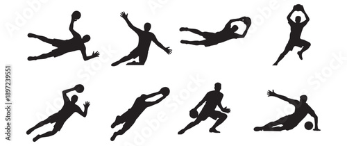 Goalkeeper silhouettes in action, saving goals with dives and jumps