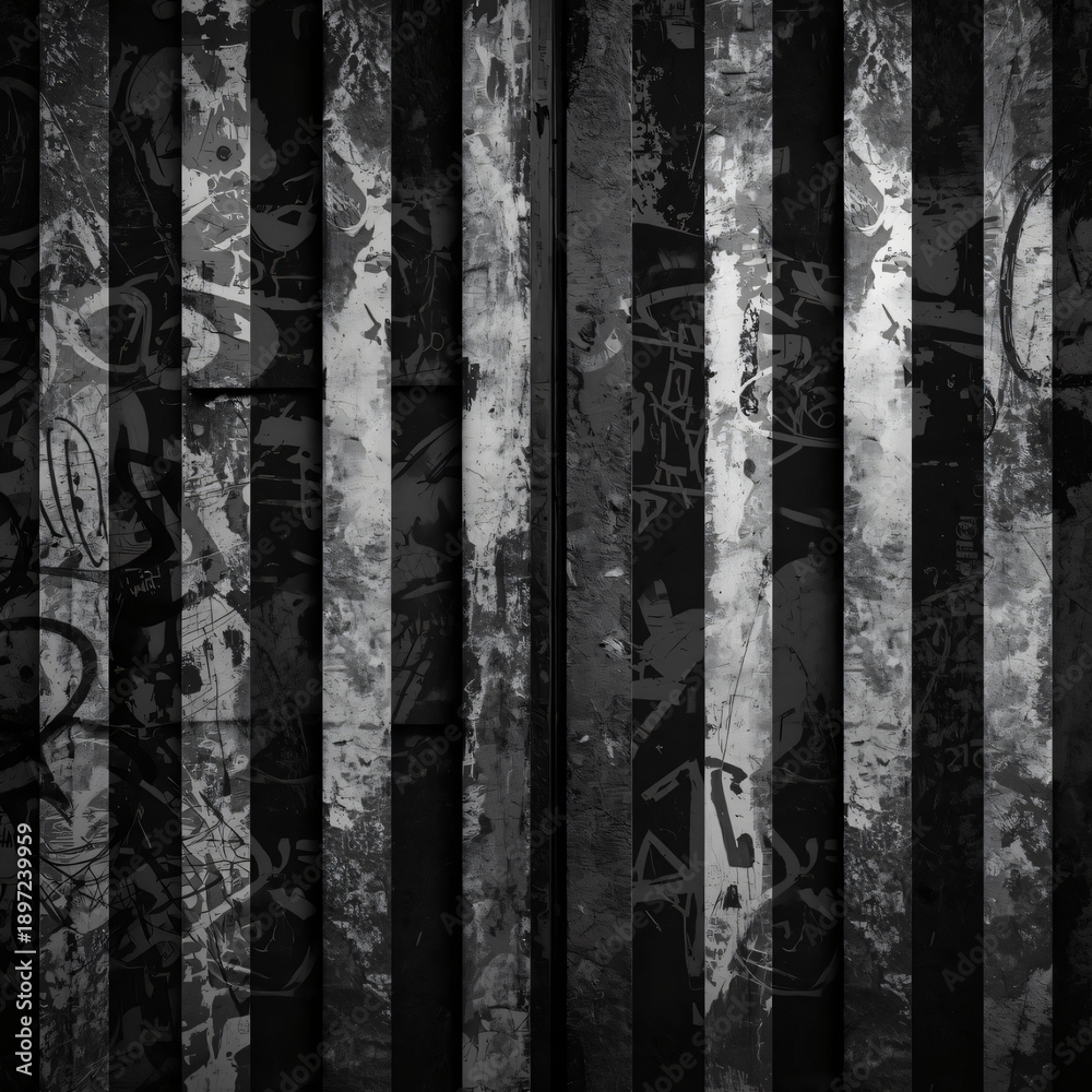 Fototapeta premium A composition of vertical lines on a worn surface reveals intriguing graffiti, creating an unusual artistic canvas full of stories.