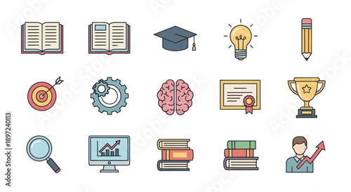 Education and Success Icons: Books, Graduation Cap, Lightbulb, Brain, Trophy, Chart
