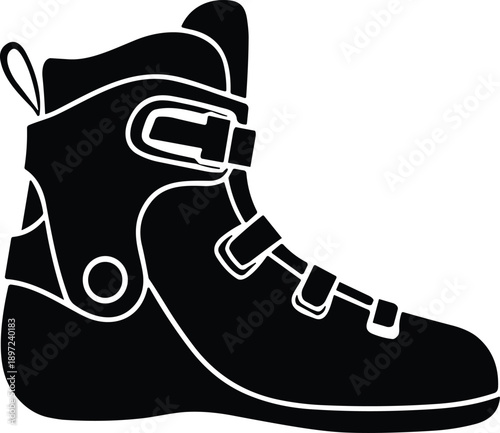 Inline skate boot silhouette with straps and buckle, high ankle support, sturdy design for skating, flat vector illustration icon