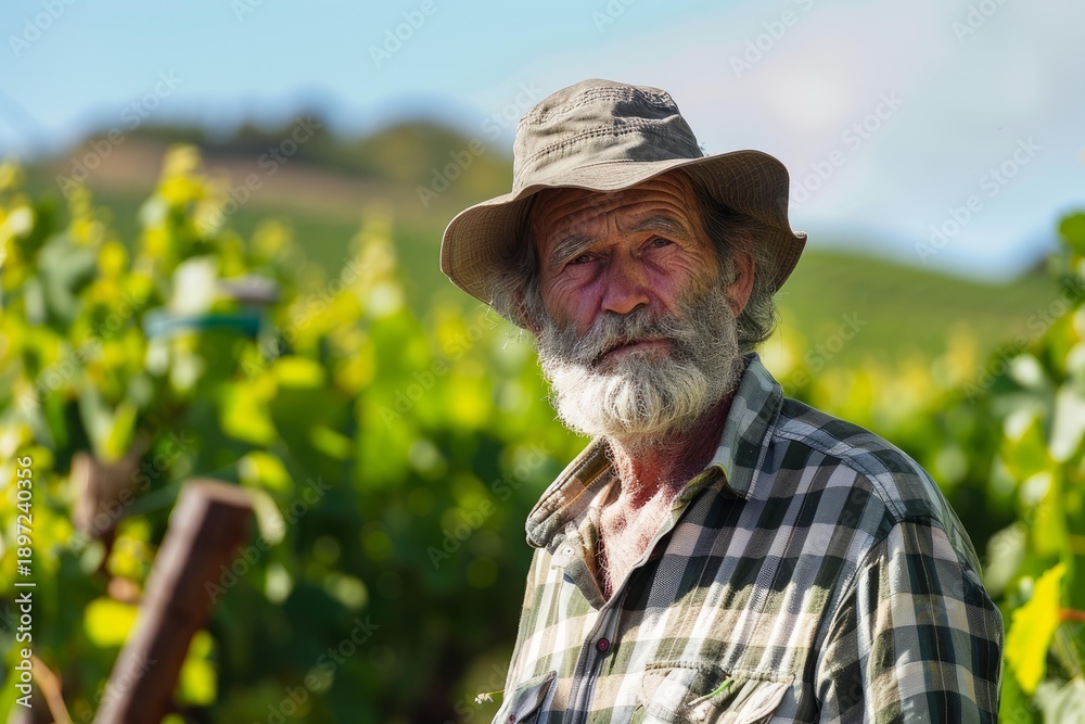Fototapeta premium Portrait of a winemaker posing in his vineyard, with rows of grapes growing in the background