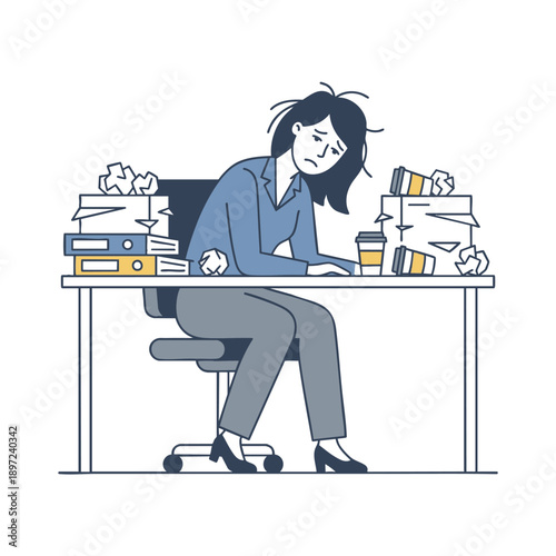 Tired businesswoman overwhelmed by paperwork stacks at desk, burnout exhaustion concept, flat vector illustration.
