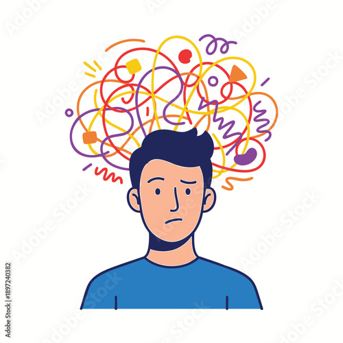 Man with chaotic colorful scribbles bursting from mind, confusion and overthinking concept, flat vector illustration.
