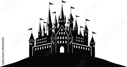 Fairytale magical castle silhouette with tall spires and flags on a hill for fantasy kingdom dreams and medieval palace designs