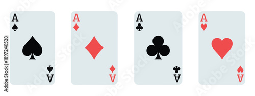 All four aces of playing cards including hearts, diamonds, clubs, and spades, vector illustration.