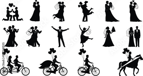 Romantic wedding couple silhouettes set, love marriage moments, bride groom dance, proposal scenes, bicycle date, horse ride, vector illustration isolated