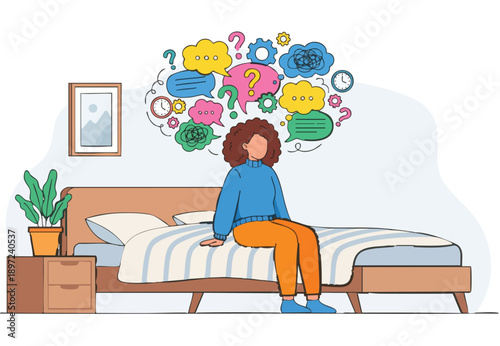 Woman on bed overwhelmed by chaotic thought bubbles with questions and clocks, overthinking anxiety concept, flat vector illustration.
