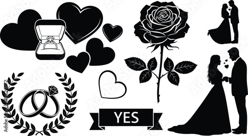 Wedding and love icon collection isolated, romantic symbols set with rings, hearts, rose, couple silhouettes, proposal, engagement illustration