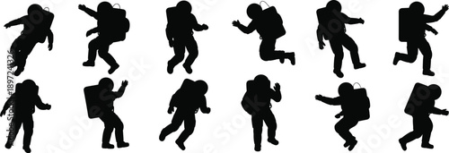 Array of black silhouette astronaut figures in different dynamic poses against a white background symbolizing space exploration and weightless movement
