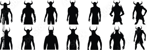 Assortment of powerful fantasy warrior silhouettes featuring prominent horns and muscular physiques in dynamic poses and distinct armor styles