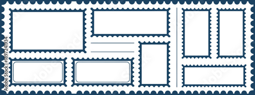 Blank rectangle and square postage stamp vector icons, border templates and mockup for mail design.