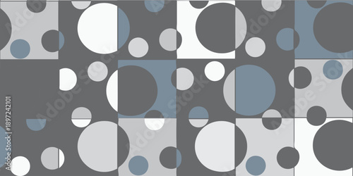 Geometric Circles and Squares Pattern in Shades of Gray and Blue.