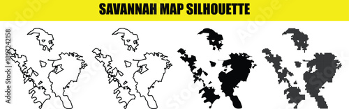 Savannah map silhouette collection displaying city boundaries in multiple graphic styles including outline and textures