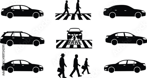 Sedan car silhouettes and pedestrian crossing icons set with people walking on zebra crosswalk for city traffic safety road design