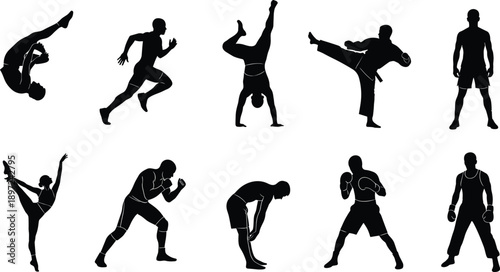 Black silhouette collection of diverse athletes including runners boxers gymnasts and martial artists in various action poses isolated on white.