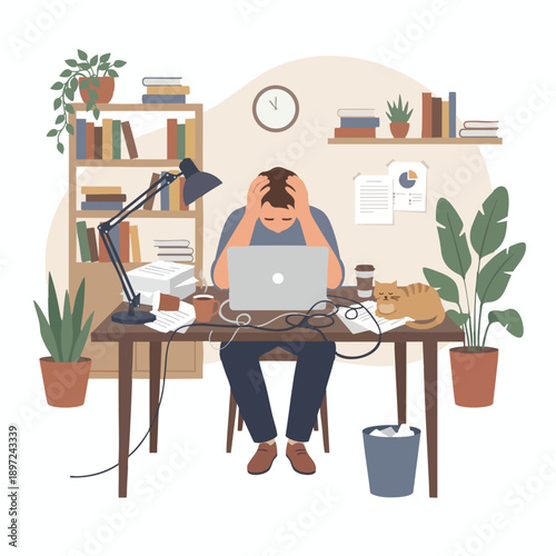 Frustrated remote worker at cluttered home office desk with cat laptop and plants, burnout concept, flat vector illustration.
