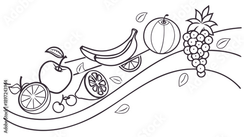 Variety of fresh fruits in a simple line drawing