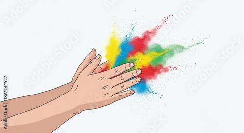 Hands Releasing Colorful Powder Explosion on White Background