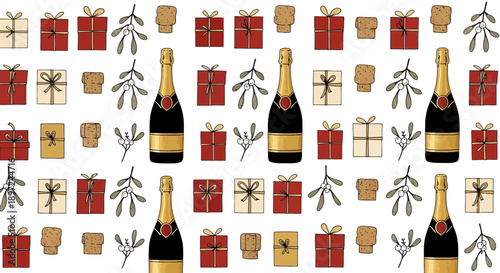christmas and new year festive seamless pattern with champagne gifts mistletoe and corks ideal for holiday celebration.