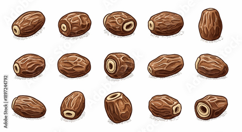 Set of dried date palm fruits icons in hand drawn vector style isolated on white background