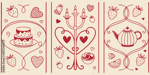 Romantic Victorian-inspired illustration with strawberries, cake, and tea set elements for charming designs