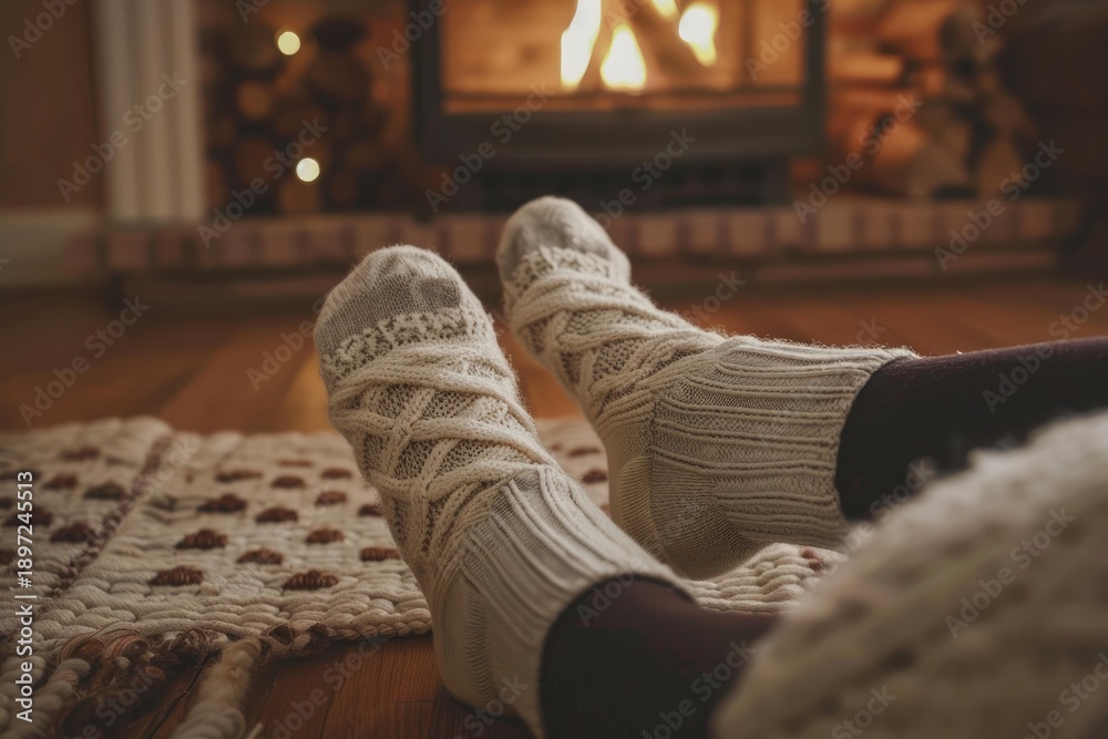 Obraz premium Woman wearing warm knitted socks relaxing by the fireplace on a cozy winter evening at home