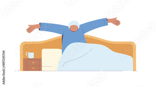 Man Stretching in Bed with Arms Outstretched.