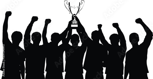 Black silhouette of a cheering sports team celebrating a victory while holding a champion trophy cup isolated on white background.