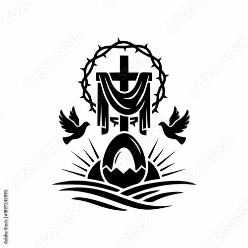 Easter Resurrection Concept Vector Illustration with Christian Cross, Crown of Thorns, Doves, and Empty Tomb in Silhouette Style