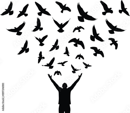 Black silhouette of a man with raised arms releasing a large flock of flying birds isolated on a white background.