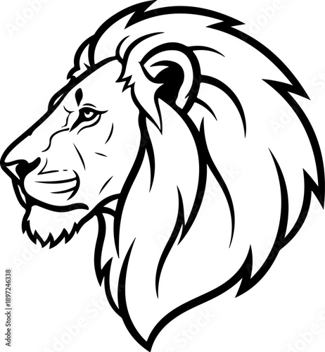 Vector illustration of a lion's head in profile, showcasing majestic mane and fierce expression