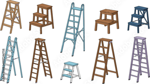 Professional Stepladder and Folding Ladder Icon Set with Various Wooden and Metal Stools for Home Improvement, Construction, and Interior Maintenance Projects