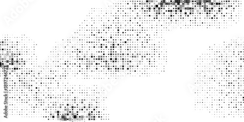 Abstract rectangle Grunge halftone gradient background. Faded grit noise texture. White and black sand wallpaper. Retro pixelated backdrop simple