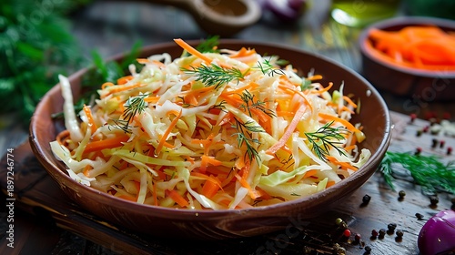 Shredded fresh cabbage and bright orange carrots form a crisp coleslaw salad in a rustic brown bowl.