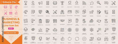 Business & marketing line icons, Marketing web icons set in thin line design. Pack of social media, advertising, global business, seo, viral content, online shopping, review, sale, feedback and other.