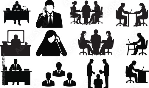Office Silhouettes: An array of stylized office silhouettes portraying professionals engaged in various work activities, from meetings and phone calls to individual tasks and collaboration.
