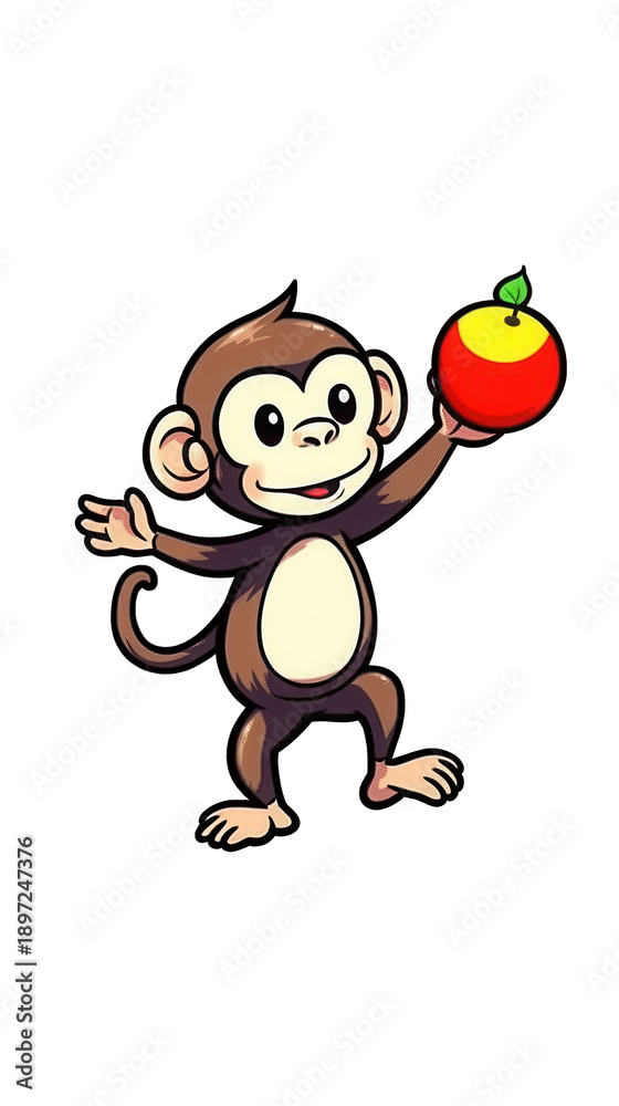 Fototapeta premium Cheerful Monkey Holding Apple on Black Backdrop Illustration Cartoon