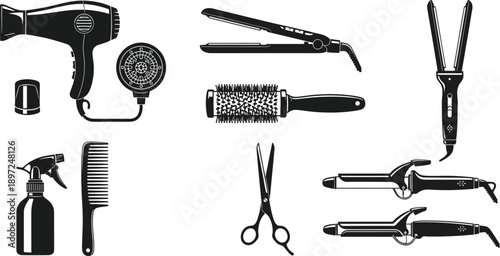 Professional hair salon styling tools set featuring hairdryer straightener curling iron scissors comb and spray bottle for beauty parlor salon designs