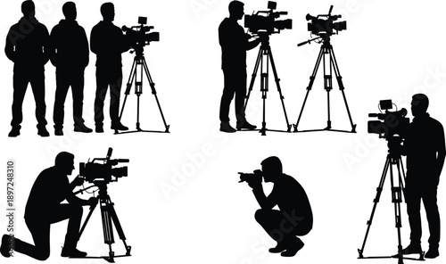 Videographer and photographer silhouettes set with camera operators using tripods and professional filming equipment for media production and broadcast designs