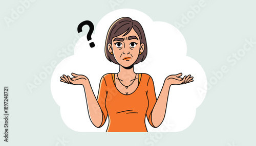 Cartoon senior woman in orange shirt shrugging her shoulders in disbelief or confusion vector art for help centers and customer guidance