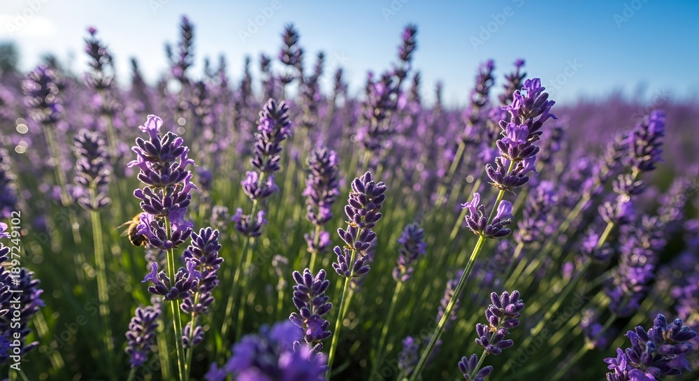 Obraz premium Vibrant purple lavender flowers in full bloom stretch across a picturesque field under a bright, clear blue sky, capturing the essence of natural beauty and tranquility