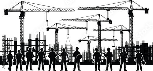 Silhouette illustration of construction site with tower cranes, workers, and unfinished buildings, ideal for infrastructure, engineering, and industrial-themed design projects.