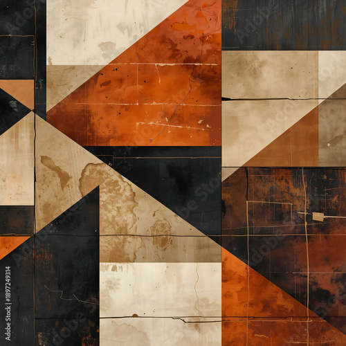  Abstract art in shades of orange, black, and cream with geometric shapes.