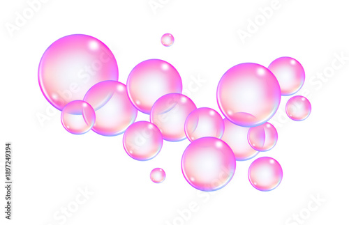 Fizzing air and water pink bubbles on white background with fizzy sparkles. 