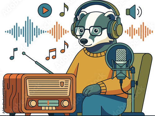 Badger DJ with Headphones and Radio, Broadcasting Music and Sound Waves