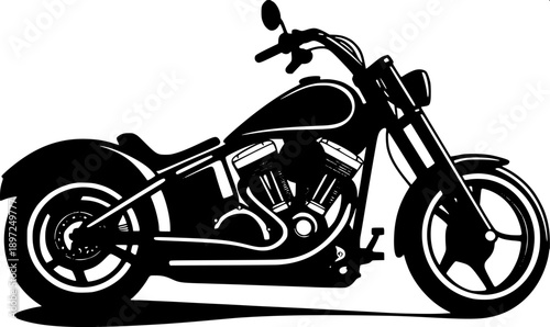 Minimal black silhouette classic vintage motorcycle side view, detailed engine and spoke wheels, flat vector, white background