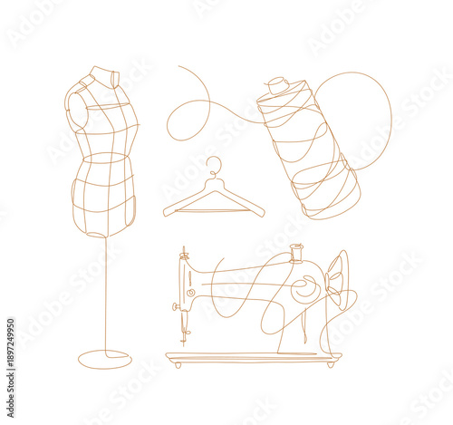 Tailor equipment set illustrated sewing machine spool hangers mannequin fashion design items drawing in modern linear art style with beige lines on white background