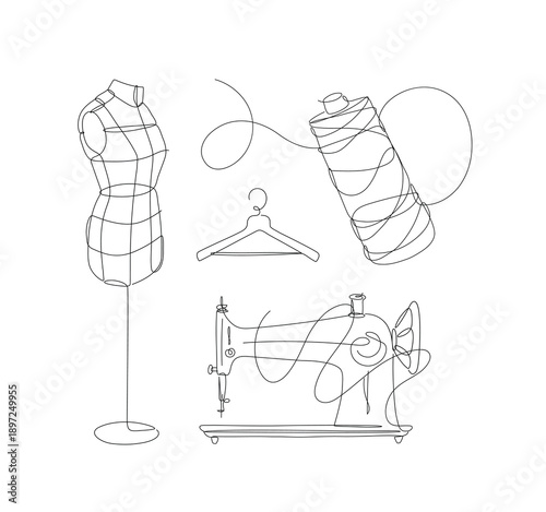Tailor equipment set illustrated sewing machine spool hangers mannequin fashion design items drawing in modern linear art style with black lines on white background