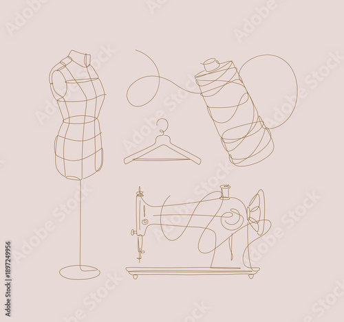 Tailor equipment set illustrated sewing machine spool hangers mannequin fashion design items drawing in modern linear art style on beige background